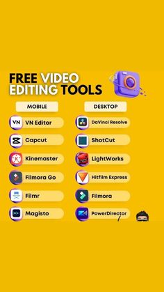 a yellow background with different types of video editing tools on the bottom right hand corner