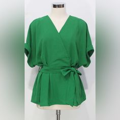 Green Kimono Style Blouse Chic Green Wrap Top, Chic Green Wrap Blouse, Casual Green Wrap Top, Elegant Green Wrap Top, Casual Green Wrap Blouse, Green Wrap Blouse For Summer, Summer Wrap Tops For Work, Solid Wrap Top For Spring, Spring Wrap Top For Work