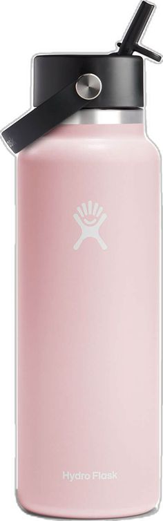 a pink hydro flask with a black lid