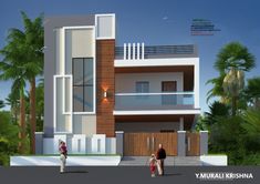 two people walking in front of a modern house