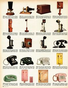 an old fashioned phone advertisement with many different types of telephones and phones on it