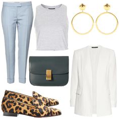 baby blue pants. grey shirt. white blazer. leopard flats. Business Barbie, Baby Blue Pants, Slacks Outfit, Blue Slacks, Clothing Board, Color Outfits, Blue Outfits