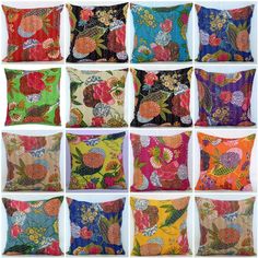 many colorful pillows are arranged in rows on a white background, each with different flowers and leaves