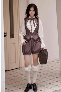 Waist Vest, Ouji Fashion, Bloomer Shorts, Retro Girl, Mini Hat, Punk Dress, Brown Vest, Bloomers Shorts, Fashion Bottoms