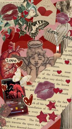 altered collage with various images and words in the shape of a heart on top of an old book page