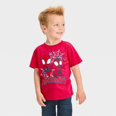 Have your little one channel their inner superhero in this Marvel Spidey and Miles Solid Short-Sleeve T-Shirt. Crafted from a lightweight fabric and featuring a tagless design, this short-sleeve T-shirt offers them all-day comfort. Designed in a standard fit with a below-hip length, this crewneck tee features comic-style illustrations of Spider-Man and Miles Morales for a fan-favorite look. Red Cotton Superhero Tops, Red Cotton Superhero Top, Red Superhero Short Sleeve Top, Fun Red T-shirt For Playtime, Superhero Cotton Tops With Cartoon Print, Superhero Cartoon Print Cotton Tops, Red Character Print T-shirt For Playtime, Playful Red T-shirt With Character Print, Red Crew Neck Top For Playtime