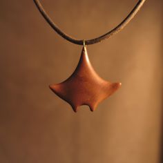 a brown necklace with a star shaped pendant hanging from it's leather cord on a tan background