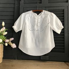 "French Edwardian Lace & Embroidery Blouse ja 3052105 Beautiful French white embroidery lace blouse from the early 1900s, Edwardian period. Delicate and airy cotton batiste has delicate lace accent at the front and around the collar (hand done). Amazing white on white embroidery design with tiny tuck seams...very well done. Tiny mother of pearl button closure at the back. Short sleeves with cuff end. The fabric is light, delicate and sheer, best worn with a camisole. Measuring; 34\" bust (fr Bohemian Broderie Anglaise Blouse For Daywear, White Short Sleeve Blouse With Lace Work, White Lace Work Blouse With Short Sleeves, Bohemian Broderie Anglaise Short Sleeve Blouse, White Victorian Style Top With Lace Work, Bohemian Blouse With Broderie Anglaise Short Sleeves, Bohemian Short Sleeve Blouse With Lace Work, Bohemian Short Sleeve Lace Blouse, Bohemian Broderie Anglaise Tops For Daywear