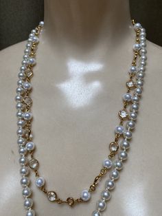 "Instant faux pearl collection to wear together or to 'rearrange' with your own gold hoops or pearl studs. Faux pearls are not bright white but a classic candlelit white, so popular in classic pearl strands. No names on these items but they speak for themselves. The longest pearl strand measures 28\" with a goldtone etched slide insert clasp. Long enough to put over your head without even using the clasp. Knotted between each bead so the strand lays smoothly without any stiffness. Also, the pear Costume Jewelry Pearl Necklace With Pearl Pendant, Pearl Pendant Costume Jewelry, Costume Jewelry Pearl Pendant, White Pearl Chain Necklace Costume Jewelry, White Pearl Necklace Costume Jewelry, Single Strand Pearl Necklace Costume Jewelry, Single Strand Pearl Costume Jewelry Necklace, Single Strand Pearl Necklace For Costume Jewelry, Single Strand Pearl Costume Necklace