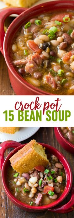 this is an image of crock pot bean soup with cornbreads and beans