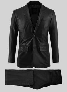 Own a spotlight while walking into a glamorous event or an exclusive soiree with our Rich Black Leather Suit. Meticulously tailored from pure napa leather, our suit features an irresistibly deep black tone that redefines modern leather wear and expresses your bold personality. So, emphasize uniqueness with this piece where blending isn't an option.  Look Includes    Rich Black Leather  Two Button Jacket Style   Notch Lapel (3-3.2")    Three Cuff Buttons  Flat Front  Cross Pocket Style  Two welte Black Silk Luxury Suit, Luxury Black Single Button Suit, Luxury Black Single-breasted Suit, Black Single-breasted Suit With Suit Collar, Luxury Black Leather Button-up Jacket, Bold Personality, Master Tailor, Leather Suit, Leather Wear