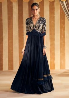 Navy Zarqaa Anarkali And Dupatta by Ridhi Mehra, available on Indiaspopup.com Velvet Anarkali, Shalwar Kameez Designs, 2024 Clothes, Blue Anarkali, Ridhi Mehra, Indian Wedding Gowns, Long Anarkali, Kameez Designs, Embroidered Anarkali