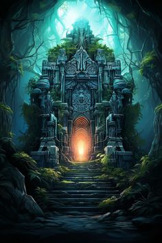 an image of a fantasy castle in the woods with stairs leading up to it's entrance