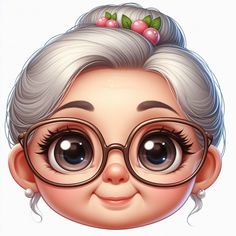 an old woman wearing glasses with cherries on her head