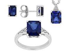 8.48ctw Rectangular Octagonal Lab Created Blue Sapphire Rhodium Over Sterling Silver Jewelry Set. Ring Measures Approximately 0.33"L x 0.39"W. Not sizeable. Earrings Measures Approximately 0.30"L x 0.21"W. Push backings. Pendant Measures Approximately 0.63"L x 0.31"W. 2mm bail. Lobster clasp with 2"extender. Rectangular Sapphire Jewelry With Accent Stones, Radiant Cut Lab-created Sapphire Jewelry, Sapphire Jewelry With Emerald Cut, Rectangular Lab-created Sapphire Fine Jewelry, Fine Jewelry Sapphire With Rectangular Stone, Classic Rectangular Lab-created Sapphire Jewelry, Formal Sapphire Jewelry With Square Cut, Square Cut Sapphire Jewelry For Formal Occasions, Gia Certified Emerald Cut Sapphire Jewelry