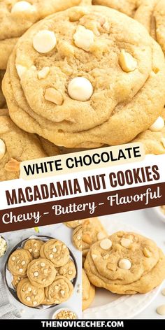 white chocolate macadama nut cookies are stacked on top of each other with the title above it