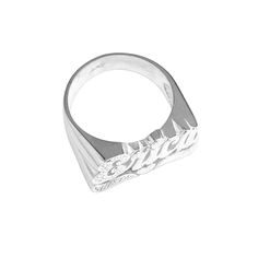 The SNS110B name ring has an effortless design that highlights its sparkling beaded details all across the name and heart tail. This ring runs large with a width of 13 mm. * Personalize with name of your choice (only first letter is capitalized) * Solid Sterling Silver (0.925) * Plated in White Rhodium, Yellow Gold, or Rose Gold * Measures approximately 13 mm from initial to tail * Weighs about 6.5 to 7.5 grams * Item Number: SNS110B Note: Please double check the spelling on the name (up to 9 ch Custom Name White Sterling Silver Rings, Custom Name Sterling Silver Ring In Silver, Personalized Sterling Silver Engraved Name Ring, Silver Nameplate Ring With Custom Name, Personalized Heart-shaped Sterling Silver Initial Ring, Script Heart, Name Rings, Rhodium Plated, Personalized Jewelry