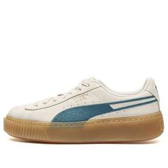 (WMNS) PUMA Suede Platform Core Grey/Blue/Gum 373934-02 (SNKR/Skate/Casual/Low Top/Women's/Classic) Beige Casual Skate Shoes For Streetwear, Casual Beige Skate Shoes For Streetwear, Beige Casual Skate Shoes For Sports, Casual Beige Skate Shoes For Sports, Casual Cream Platform Sneakers For Streetwear, Casual Platform Sneakers With Gum Sole For Sports, Casual Cream Skate Shoes With Branded Insole, Casual Cream Sneakers For Skateboarding, Casual Beige Skate Shoes With Vulcanized Sole