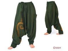 Harem pants women men Wide Leg Pants Aladdin Pants, Black Handcrafted from high quality cotton, printed Airy, super comfortable cotton pants made of light, comfortable to wear cotton. The ideal pants for leisure, sport and wherever it should be loose and comfortable :-) Special features: Elastic waist with drawstring, 2 large pockets Size: One Size fits all - elastic waist with drawstring Fits for US-Size 4 - 14 Circumference (waist): 27 - max. 40 inch Circumference (hip): up to max. 48 inch Len Green Cotton Harem Pants For Loungewear, Green Cotton Ankle-length Harem Pants, Casual Cotton Harem Cargo Pants, Baggy Cotton Harem Pants For Loungewear, Green Cotton Cargo Pants, Cotton Relaxed Fit Tapered Yoga Pants, Relaxed Fit Cotton Yoga Pants Tapered Leg, Cotton Sweatpants With Pockets For Yoga, Cotton Tapered Leg Sweatpants For Yoga