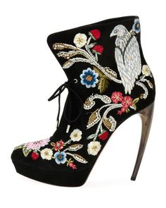 Alexander McQueen Embroidered Lace-Up Bootie, Black Zodiac Boots, Temperley London Dress, Embroidered Shoes, Lace Up Booties, Black Tie Event, Fashion Seasons, Couture Collection, Black Booties, Embroidered Lace