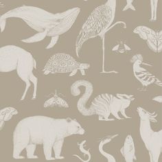 an animal print wallpaper with various animals and birds on pink background, in shades of white