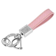 a pink leather keychain with diamonds on it