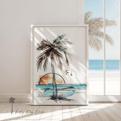 a palm tree on the beach in front of an open window with sea and sky