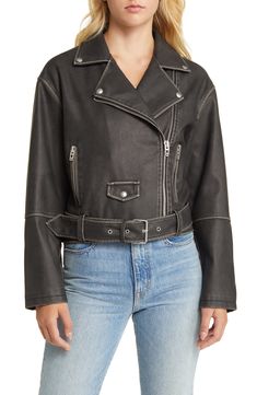 A mini snap-flap pocket detail punctuates the front of this sleek moto jacket fashioned from slightly distressed faux leather. Notched lapels Zip cuffs Attached belt Lined 100% polyester with polyurethane coating Spot clean Imported Biker Leather Jacket With Pockets For Spring, Moto Style Leather Jacket With Pockets For Spring, Edgy Leather Jacket With Pockets For Fall, Punk Biker Jacket With Pockets For Spring, Leather Jacket With Contrast Stitching For Spring, Moto Leather Jacket With Pockets For Spring, Distressed Leather Biker Jacket For Fall, Distressed Fitted Biker Jacket For Fall, Distressed Punk Biker Jacket For Fall