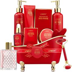 the red rose gift set includes three bottles, two soap dispensers and one body lotion