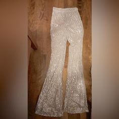 Champagne Color. Sequined All Over. Flare Bottom 33 Inch Inseam- Good With A Pair Of Heels Zipper Hand Wash Only In Back Flowy Wide Leg Pants, Gingham Pants, Casual Professional, Satin Trousers, Diamond Ring Engagement, Green Trousers, Black Diamond Ring Engagement, Bright Patterns, Black Diamond Ring