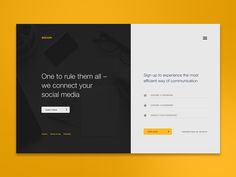 the landing page for social media is displayed on a yellow background with black and white accents