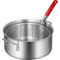 a stainless steel pot with a red lid and handle on a white background, 3d rendering