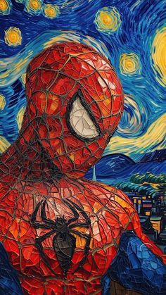 a painting of a spider man in front of a starry night