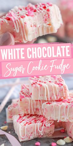 white chocolate sugar cookie fudge with pink sprinkles on top and text overlay