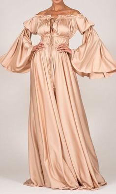 Memorable Liaison Apricot Long Bell Sleeve Off The Shoulder Gathered Casual Maxi Dress Vestidos Para Baby Shower, In My Own World, Pretty Maxi Dress, Casual Maxi Dress, Satin Long Sleeve, Fantasy Dress, Satin Maxi Dress, Maxi Dresses Casual, Fantasy Fashion