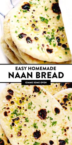 three homemade naan breads with herbs on top and the words easy homemade naan bread