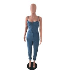 Plus Size Women Clothes Solid Color Slash Neck Sleeveless Spaghetti Strap Summer Buttons Bodycon Jumpsuit Denim Jumpsuits, Bodycon Jumpsuit, Cotton Viscose, Women Clothes, Denim Jumpsuit, Blue Fashion, Trendy Fashion, Spaghetti Strap