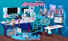 an anime themed room with various items on the table and in the background, there is a computer screen