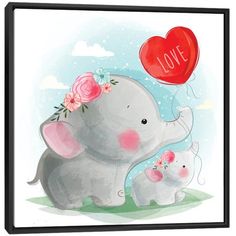 an elephant and her baby are holding a heart shaped balloon with the word love written on it