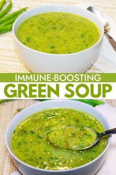 two bowls filled with green soup on top of a table