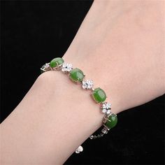 925 Silver Natural Green HeTian Jade Jasper Oval Beads Link Bracelet Woman Luxury Bracelets with Hetian Jade, Luxury Bracelet, Fine Jewelry Gift, Link Bracelets, Womens Bracelets, Jade, 925 Silver, Jewelry Gifts, Fine Jewelry