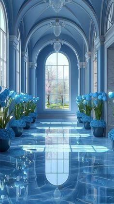 blue flowers are in vases on the floor next to an arched window and chandelier