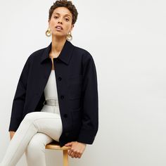 Inspired by utilitarian menswear, the Steffi is a structured-yet-laid back jacket that says you work hard and play hard. It features thoughtful details, including large patch pockets and sleek buttons, while the removable sherpa lining makes it a two-in-one layer. Made in Vietnam with fabric from Turkey. Pre Fall Collection, Virtual Stylist, Virtual Fashion, Play Hard, Sherpa Lined, Women Supporting Women, Work Fashion, Denim Fashion, Stretch Cotton