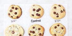 six chocolate chip cookies are shown on a sheet of paper with the same size as each cookie