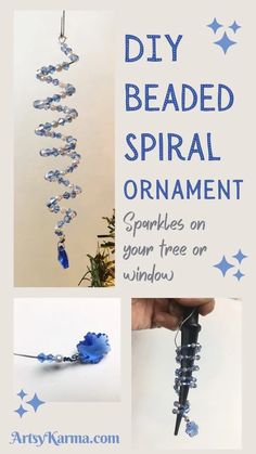 the instructions for beaded spiral ornament are shown in blue and white colors