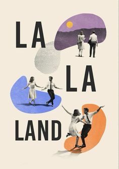 a poster with people skating on the ice in different colors and shapes, including letters that spell out la la land