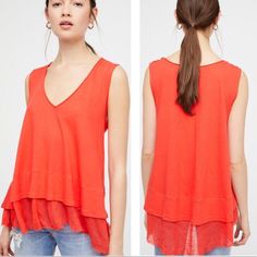 Nwt Free People Coral Peachy Tee Tank Top Oversized Sleeveless Tee Featuring A Lightweight Feel And Relaxed Fit With A Tiered Hem For A Layered Look.. V-Neckline Unfinished, Raw Hem We The Free 100% Cotton Trim: 70% Rayon, 30% Linen Color Is Coral (Orange) Approx. 23" Shortest Length, 30.5" Longest Length (Size S) Size Small Orange V-neck Tank Top For Spring, Spring Orange V-neck Tank Top, Summer Layering Cami Top, Summer Cami Top For Layering, Orange V-neck Tank Top For Summer, Orange Sleeveless Top For Spring, Orange Cami Top For Spring, Summer Orange Tank Top, Chic Sleeveless Orange Top