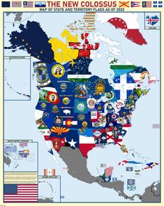 the new colossus map of state and territory - usa with flags, emblems