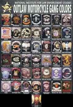 an official motorcycle gang poster with the names and emblems on it, all in different colors