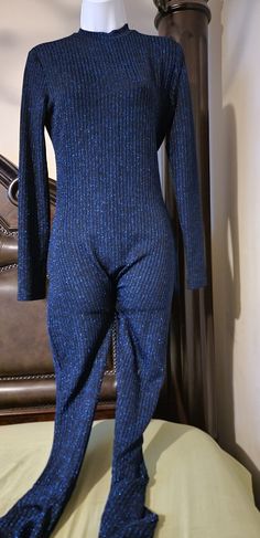 Beautiful Elegant Jumpsuit Brand New Size Large. Blue Stretch Jumpsuits And Rompers For Winter, Winter Blue Stretch Jumpsuits And Rompers, Blue Jumpsuits And Rompers For Night Out In Fall, Womens Wool Trousers, Elegant Jumpsuit, Polka Dot Leggings, Blue Jumpsuit, Dress Joggers, Wrap Romper